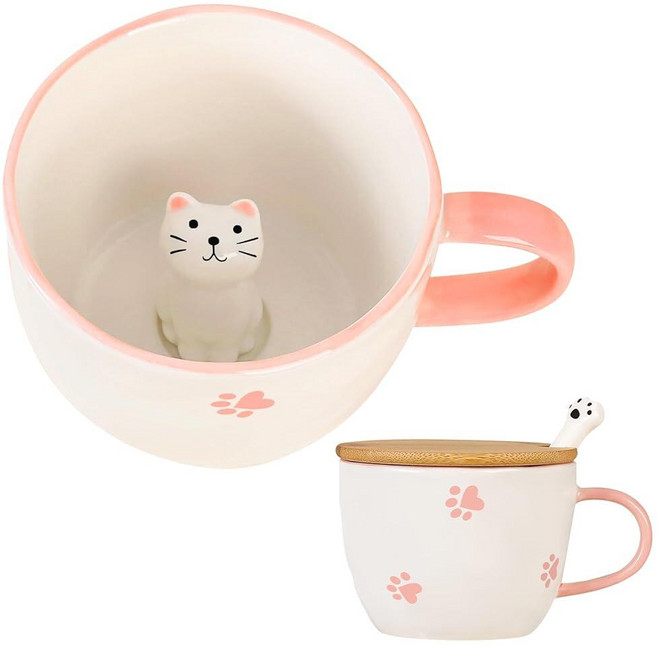 BigNoseDeer Kawaii 고양이 머그 3D 키티 안에 귀여운 머그 세라믹 티 컵 커피 머그 선물 여자 친구 어린이 화이트 코끼리 선물 (368.5g(13온스)