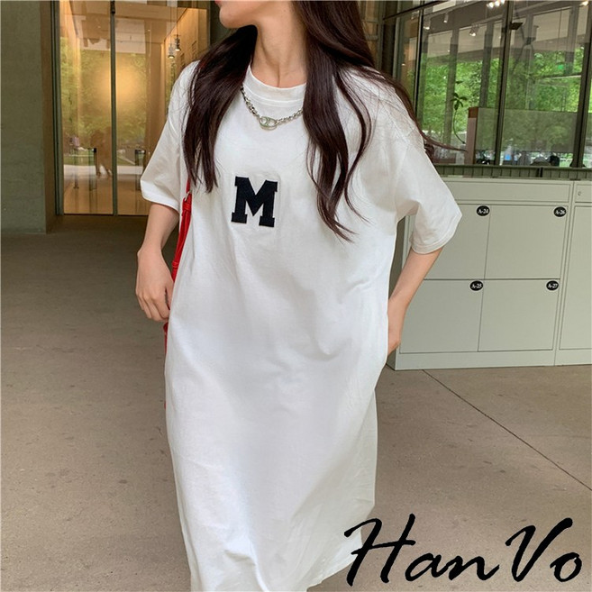HanVo M字母休閒寬鬆顯瘦長洋裝 - 韓系短袖連衣裙, 白色