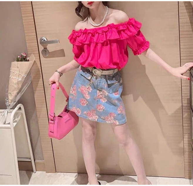 Toruva어린이 달콤한 러플 오프숄더 반팔 티셔츠 패셔너블 귀여운 스타일14세 이상