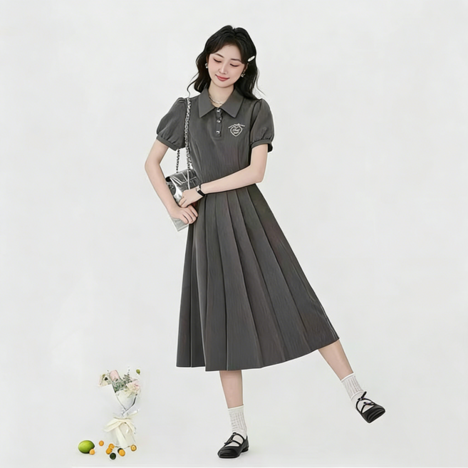 루스리더 카라넥 단추 심플 주름결 원피스 ES99