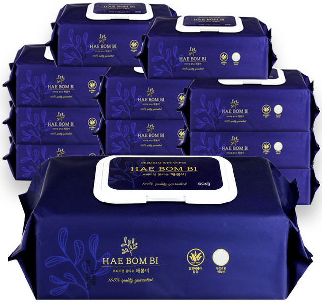 해봄비 프리미엄 물티슈(캡형)60매 x 12개 간병인 요양원 캠핑, 60개입
