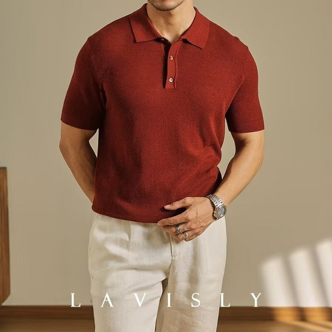 FINE ART 남자 여름 오버핏 티셔츠 소프트 니트 카라 반팔 티셔츠