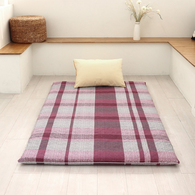 양면사용 두꺼운 요매트 3단 바닥요 손님용매트 까는이불 (솜포함) S/SS/Q, 그리드 와인