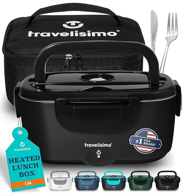 TRAVELISIMO 성인용 전기 런치 박스 100W 온열 런치 박스 남성용 1.5L 스테인리스 스틸 휴대용 푸드 워머 여행 및 업무용 12/24/110V Loncheras, Black