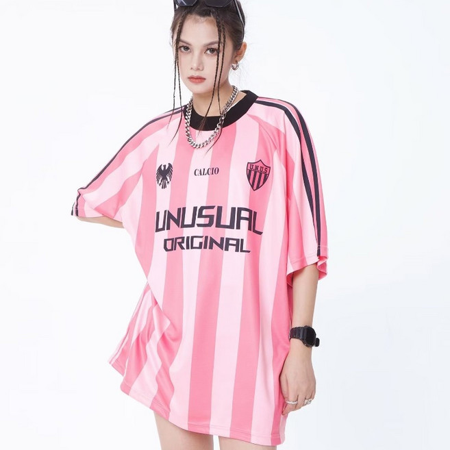 여성 래글런 슬리브 라우드넥 운동록 스트라이프 박시티 블록코어