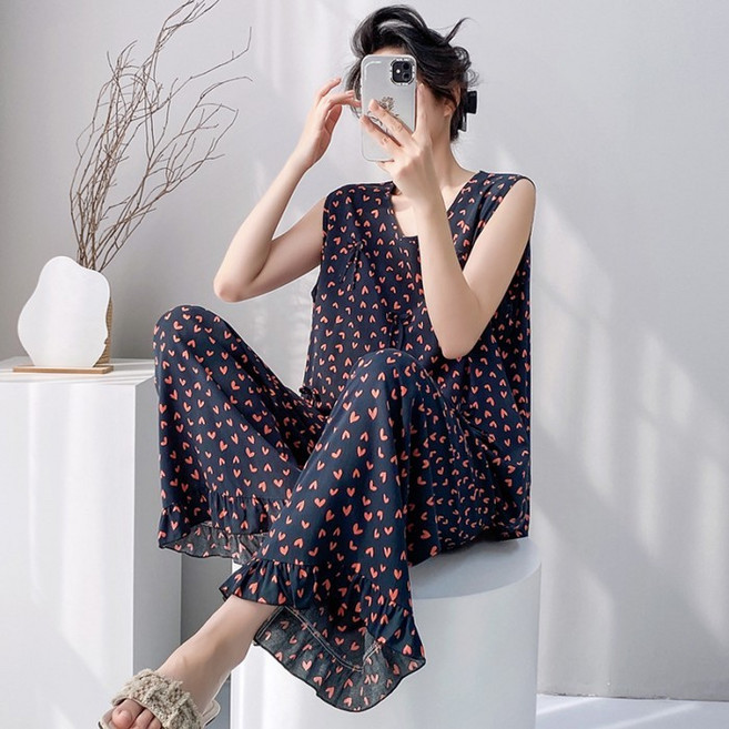 女士圓領無袖棉綢兩件式睡衣套裝