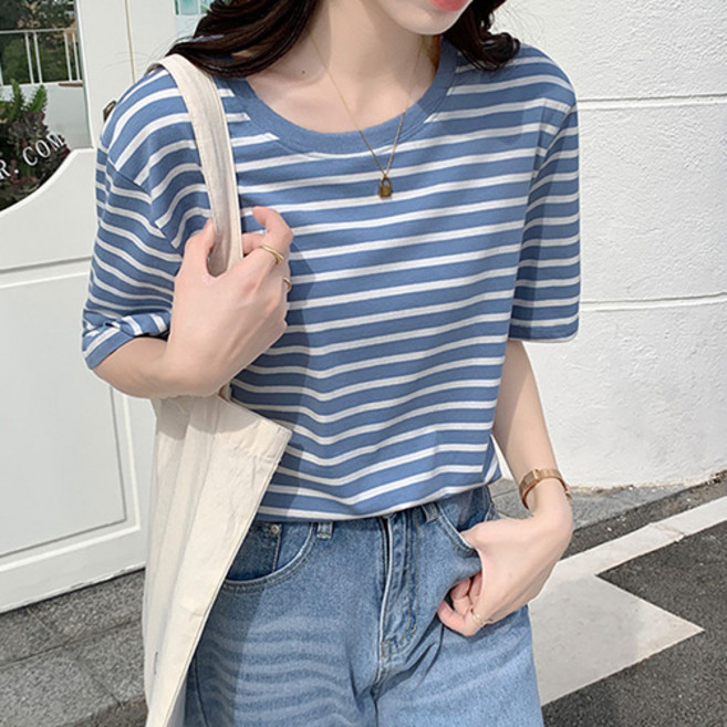 데일로엔 여성 라운드넥 줄무늬 반팔티셔츠