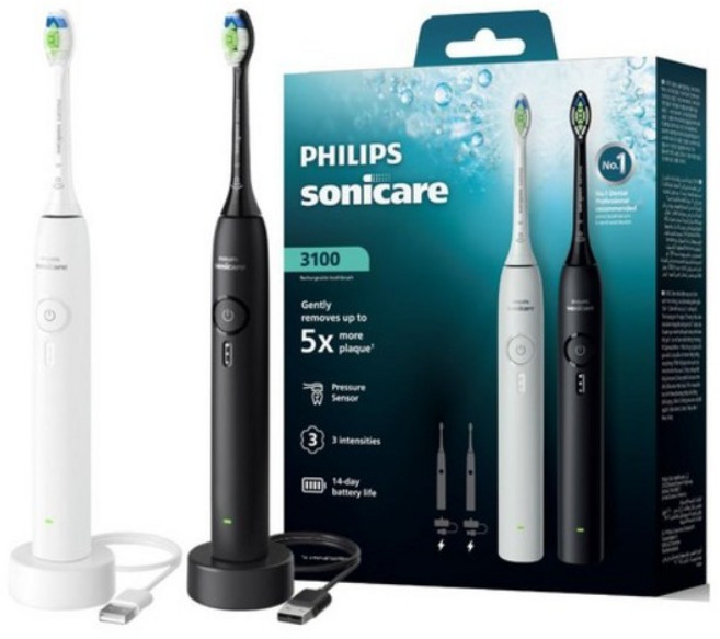 필립스 소닉케어 3100 시리즈 더블 핸들 음파 전동칫솔, 1개, ONE COLOR, HX3675/23 x 블랙 + 화이트