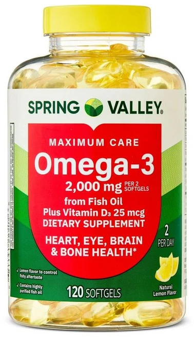스프링밸리 오메가3 2000mg 비타민D3 1000IU 레몬맛 소프트젤 Spring Valley Omega-3 Fish Oil, 1개 - 쿠팡