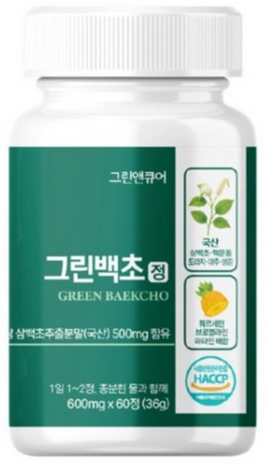 그린앤큐어 그린백초정 국산 삼백초 추출물 퀘르세틴 브로멜라인 맥문동 도라지 대추 생강, 1개, 60정