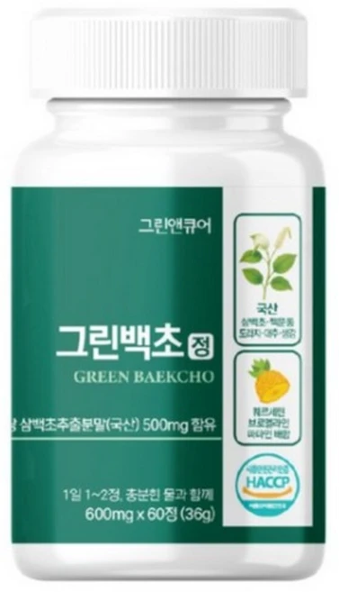 그린앤큐어 그린백초정 국산 삼백초 추출물 퀘르세틴 브로멜라인 맥문동 도라지 대추 생강, 1개, 60정 - 쿠팡