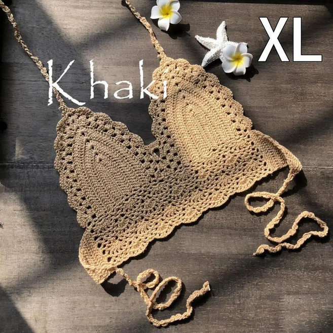 홀리데이 홀터 넥 조끼 니트 브라렛 브라 보호 비치 캐미솔 비키니 탱크 백리스 상의 크로셰 크롭 비치웨어, 1개, Color: 6. khaki / Size: D. L