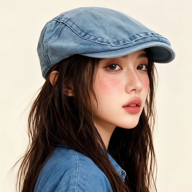 레트로 헌팅캡 얼굴 작아보이는 플랫캡 빈티지 모자 여성용 데님 선캡