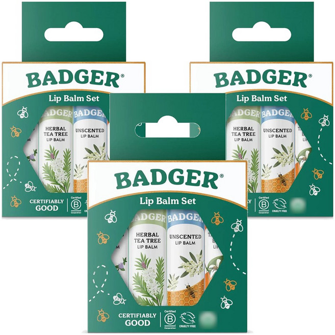 BADGER 經典款護唇膏4入組合, 高山薄荷 + 草本茶樹 + 無香原味 + 柑橘, 4.2g, 12支