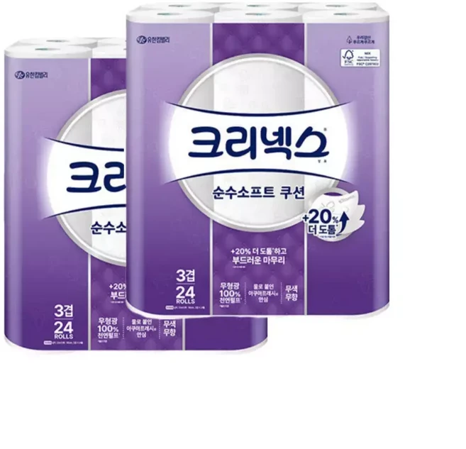 크리넥스 순수소프트 쿠션 천연펄프 3겹 롤화장지 33m x 24롤 x 2팩, 1개