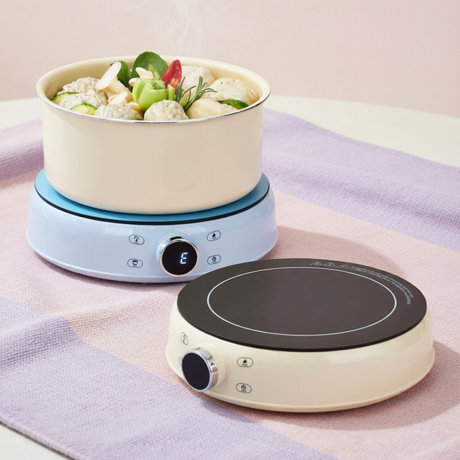 [독일브랜드] 원형 인덕션 렌지 압력솥 기능 1구 미니 전기레인지 캠핑용 식탁 주방 자취 필수템 홈파티 집들이 선물 예쁜 디자인 인테리어 가전, 프리스탠딩, 아이보리