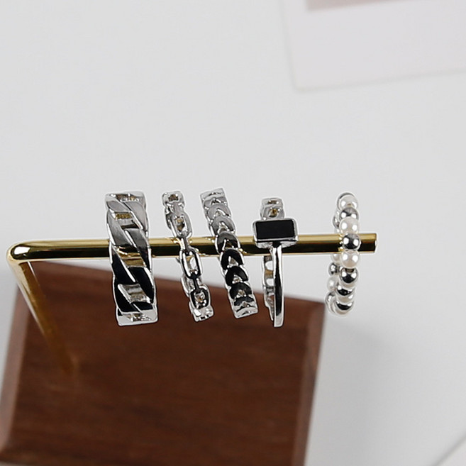 ZR127bn 레이어링 버라이어티 반지 모음 진주 와이드 블랙 스퀘어 골드 실버 링