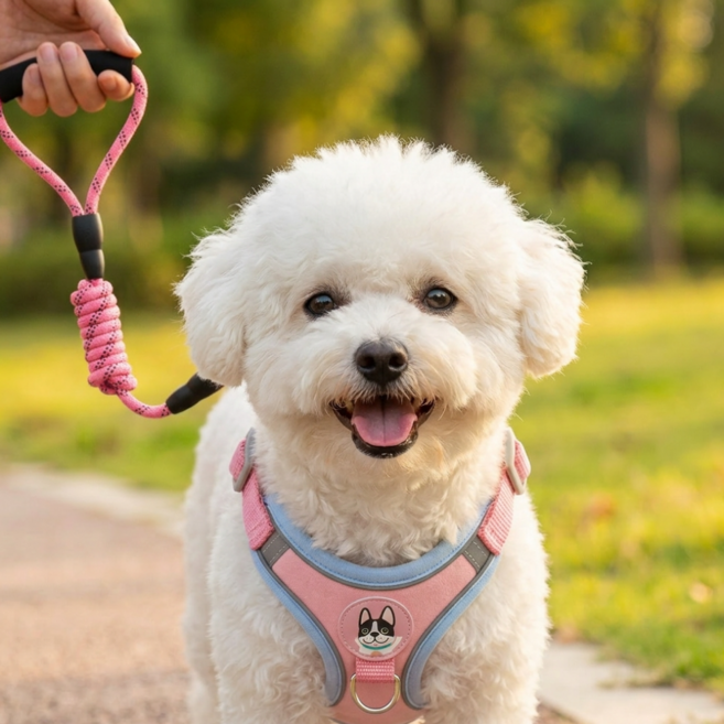 드림이지 야간반사 강아지 하네스+리드줄 세트, 1개, 핑크