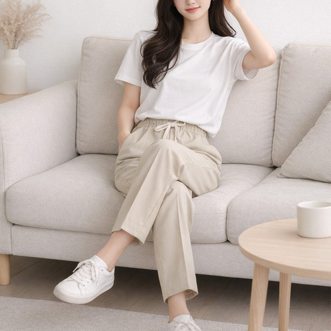 여름 세미일자 밴딩바지 스트링 데일리룩 슬랙스 린넨 마 느낌 팬츠