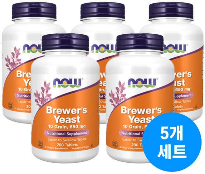 나우푸드 브루어스 이스트 650mg 타블렛, 200정, 5개