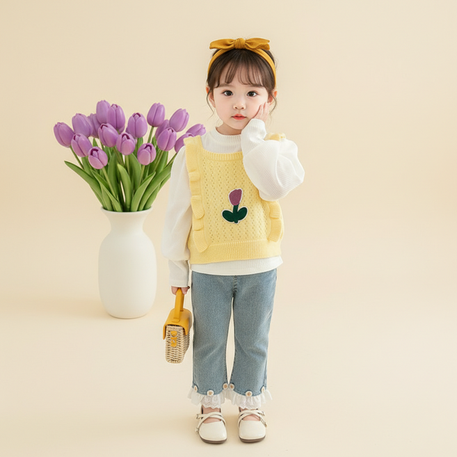 몽실이 플라워니트조끼 여아상하복 3pcs