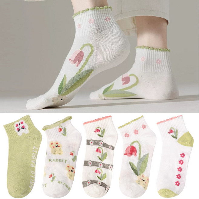 SwanCode 여성 여름 플라워 토끼 발목 단묵 양말 5컬레