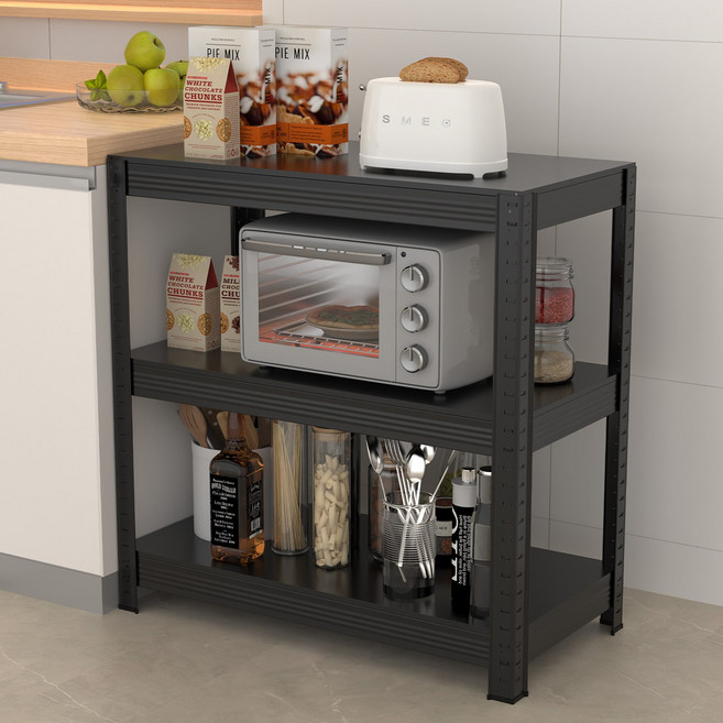 Polyidea 튼튼한 무볼트 간편조립 철제 선반 주방 창고 실외 베란다 펜트리 선반장 다용도 선반 랙, 3단, 블랙