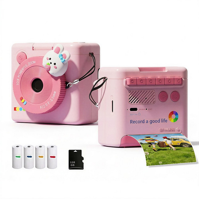 프린트 카메라 즉석카메라128GB SD카드+카드리더기+인화지4롤 포함, 핑크