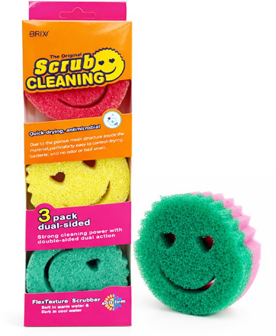 스마일 스폰지 스크럽 수세미 흡착 3P세트, 1개, 3개입
