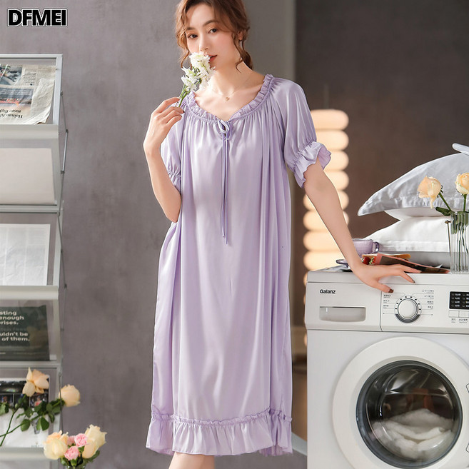 QRU 春夏季絲綢加長款睡裙韓版公主風甜美一字領荷葉邊睡衣家居服
