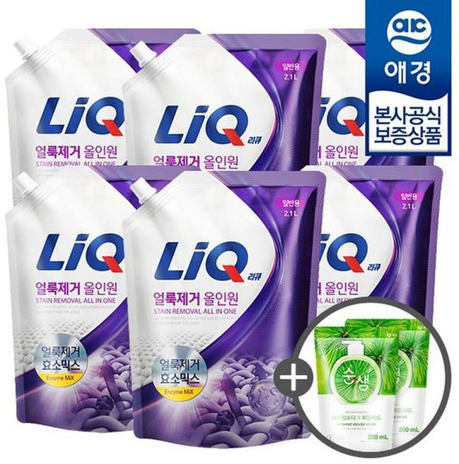 애경 리큐 얼룩제거 올인원 세탁세제 리필 2.1L x6개 (+주방세제 200ml x2개).., 2개