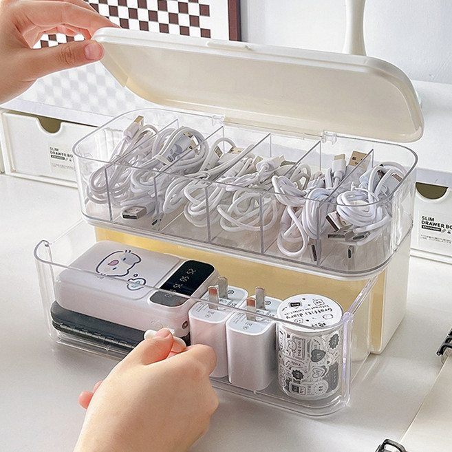 홈비 견고한 2단 뚜껑 투명 케이블정리함, 크림, 1개