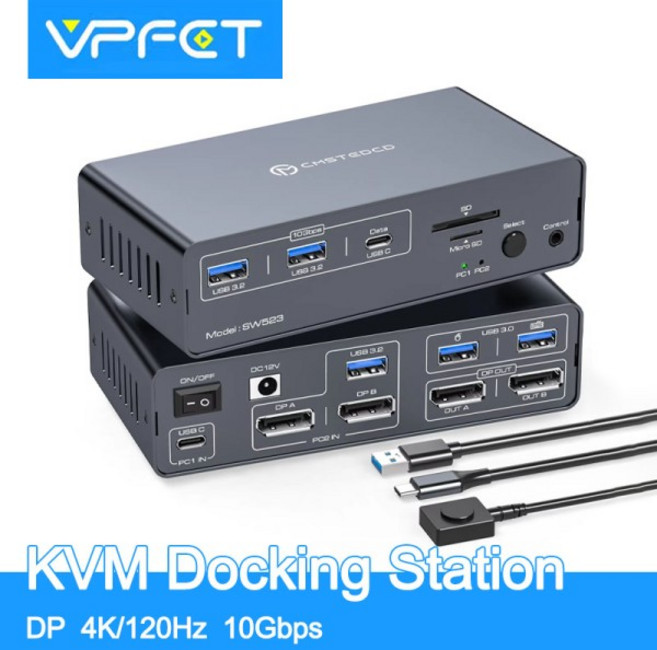 KVM 스위치 2 모니터 2 PC USB C 도킹 스테이션HDMI 4K 60Hz DP 4K 120Hz KVM 스위치 듀얼 모니터 USB3.2 10Gbps VPFET, 03 UK Plug, 1개