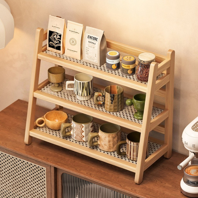 다용도 책상 수납 선반 원목 소형 선반 책상 주방 다층의 진열대, 3단, 원목색