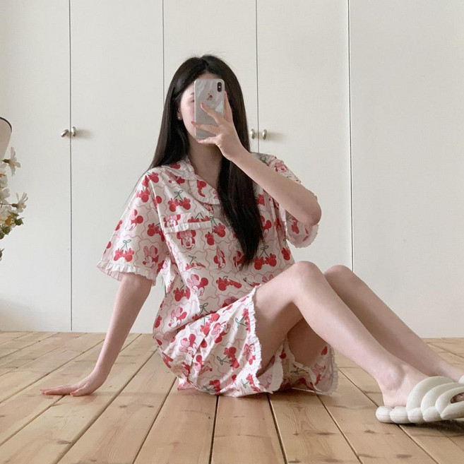 여자 로맨틱 귀여운 체리 미니마우스 데일리 파자마