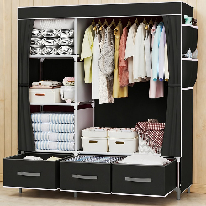 Alemon 대용량 튼튼한 비키니옷장 합금 조립식옷장 간이옷장, 검정색