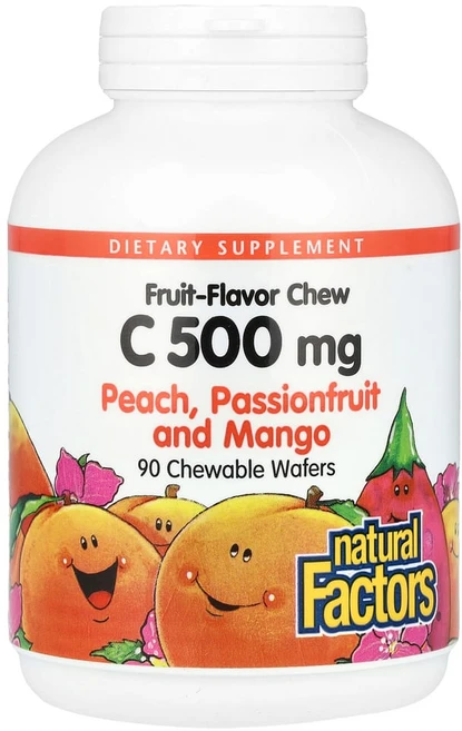 네츄럴펙터스 과일맛 츄 비타민C 복숭아 패션프루트 및 망고 500mg 츄어블 웨이퍼 90개, 90 카운트, 180정, 1개 - 쿠팡