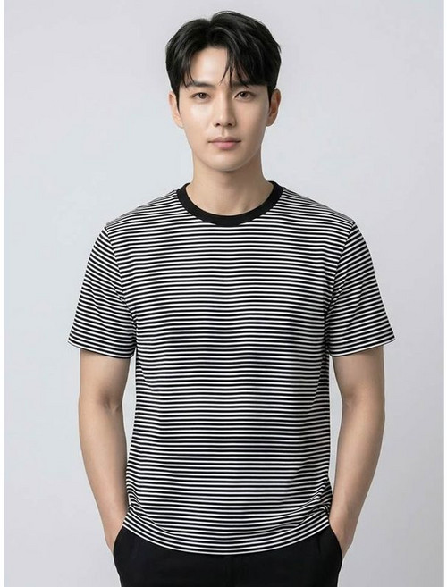BY파크랜드 그레이 스트라이프 라운드 티셔츠-A6TS2310512A