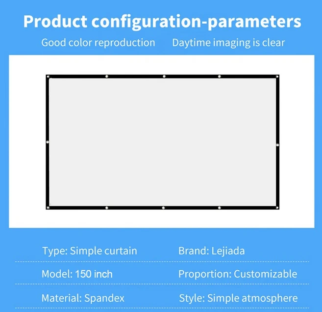 접이식 프로젝션 스크린 폴리에스터 169 야외 풀 HD 1080P 4K 커튼 72 인치, 01 150 inch