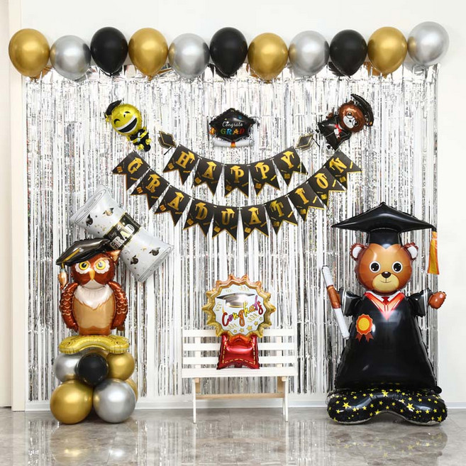 [파티랑]졸업축하파티 가랜드스탠딩풍선세트, 1세트, 11)곰돌이교수 졸업축하세트 실버커튼형