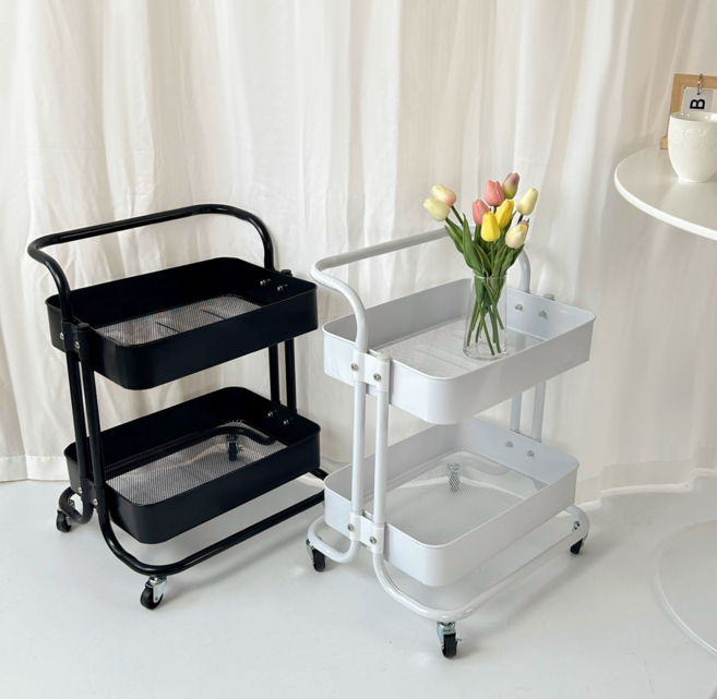 STAR UP 철제 트롤리 이동식 핸드 수납 카트 컬러, 블랙, 2단