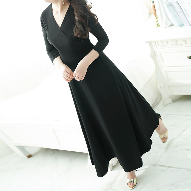 빅사이즈 고급 랩스타일 브이넥 A라인 7부소매 긴팔 플레어원피스 V넥 롱원피스