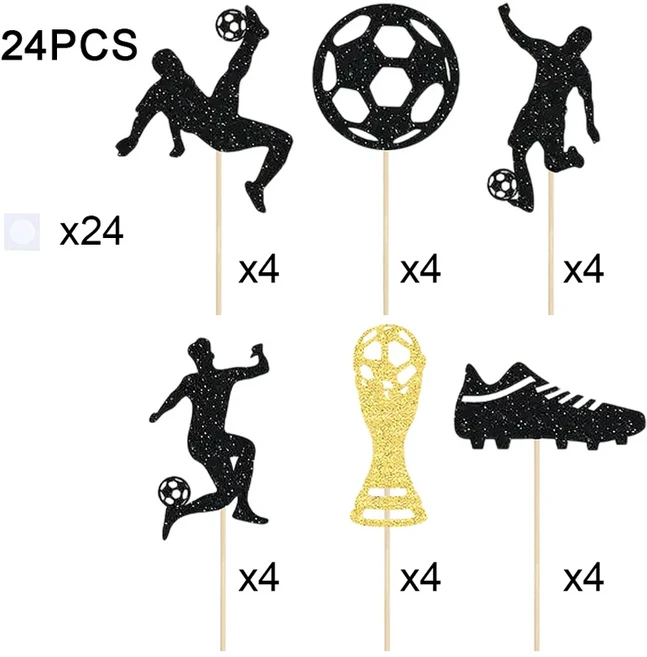 YOMDID 축구 테마 케이크 토퍼 반짝이 글로브 장식 스포츠 파티 및 생일 축하 24 또는 30 개, 02 01 24pcs