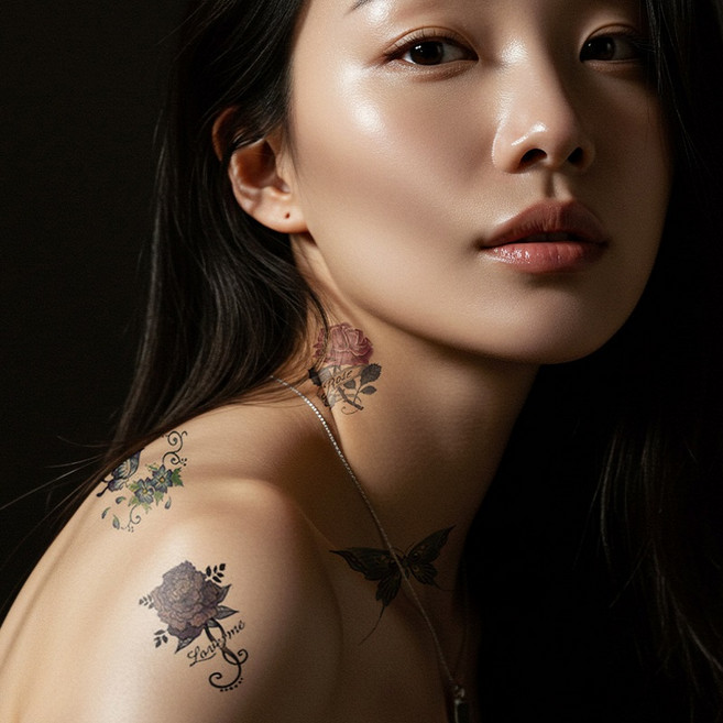 셀프 미니 타투스티커 패션 플라워 나비 타투 타투스티커 레터링, 1개, 타투스티커 나비 플라워 50종 + 20종(사은품)