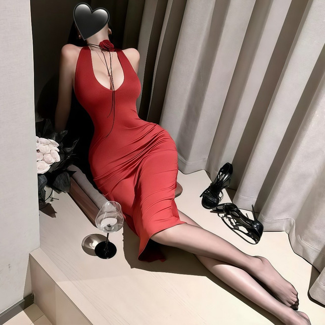 露背深V設計感長洋裝 美式歐美風連衣裙, [ 紅色 ]