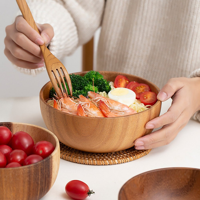 MAKRY 우드 볼 세트 샐러드볼 요거트볼 플레이팅 샐러드볼 원형 + 우드 수저 세트, 20X20X7.5CM, 1개