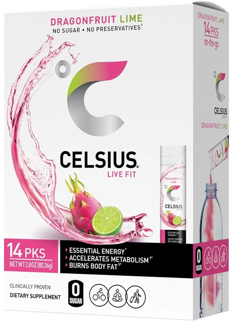 셀시어스 드래곤프루트 라임 무설탕 분말 14스틱 CELSIUS Dragonfruit Lime On-the-Go Powder Stick Packs Zero Sugar 14pks, 80.36g, 2개 - 쿠팡