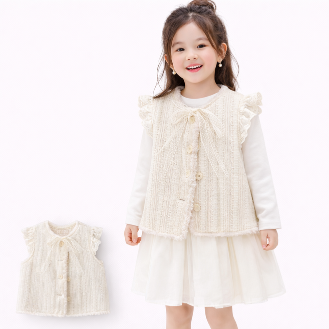 여아 니트 뽀글이 베스트 레이스 리본 조끼 아동 겨울조끼