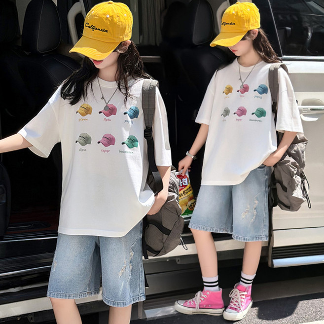 비비키드 여아 여름 상의 초중생 하의 주니어 캡모자 프린팅 반팔티 데님 반바지 초등생 상의+하의 세트 (W757)