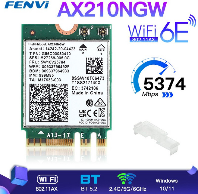 인텔 AX210 무선 네트워크 카드 어댑터 와이파이 원격 제어 6E 블루투스 5.2 PCI-E PC10 11 802.11AX 2.4G 5G 6Ghz 5374Mbps, 1개